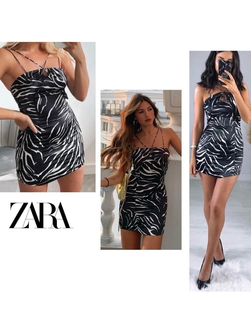 Zara black white zebra animal print strappy halter top mini dress Sz S